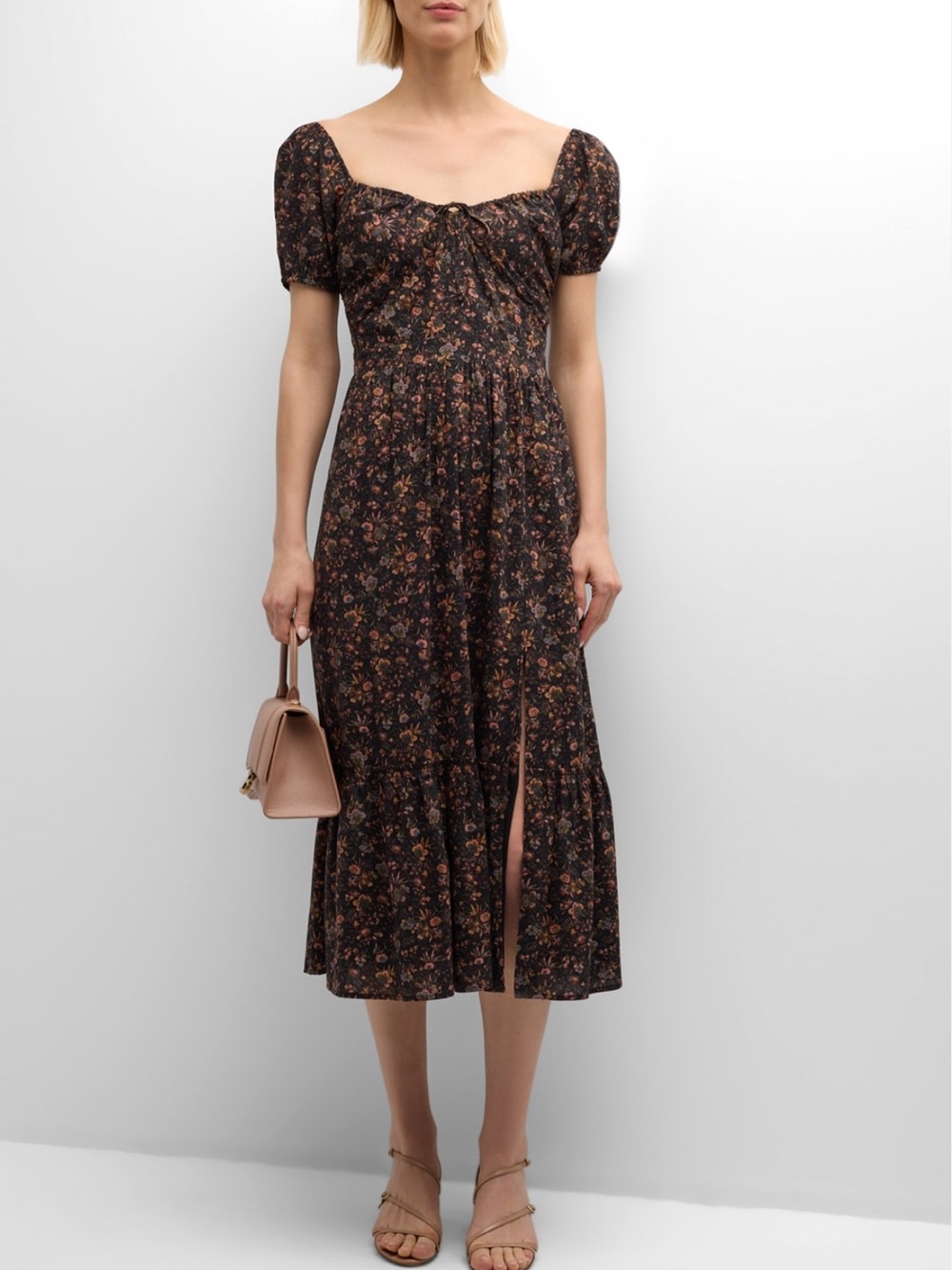 PAIGE Black Floral Puff-Sleeve Midi Dress - Picture 1 of 8